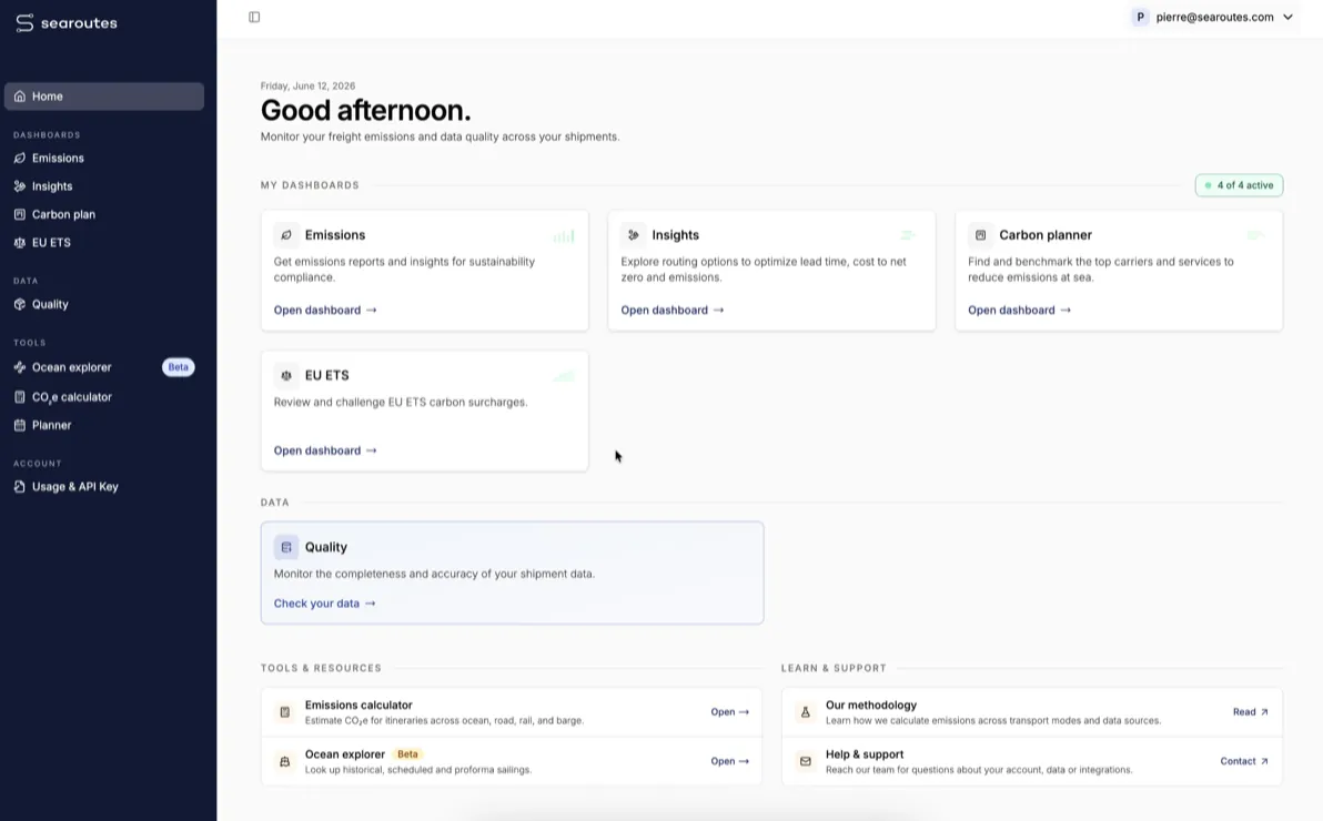 Searoutes platform dashboard with the home overview and product cards
