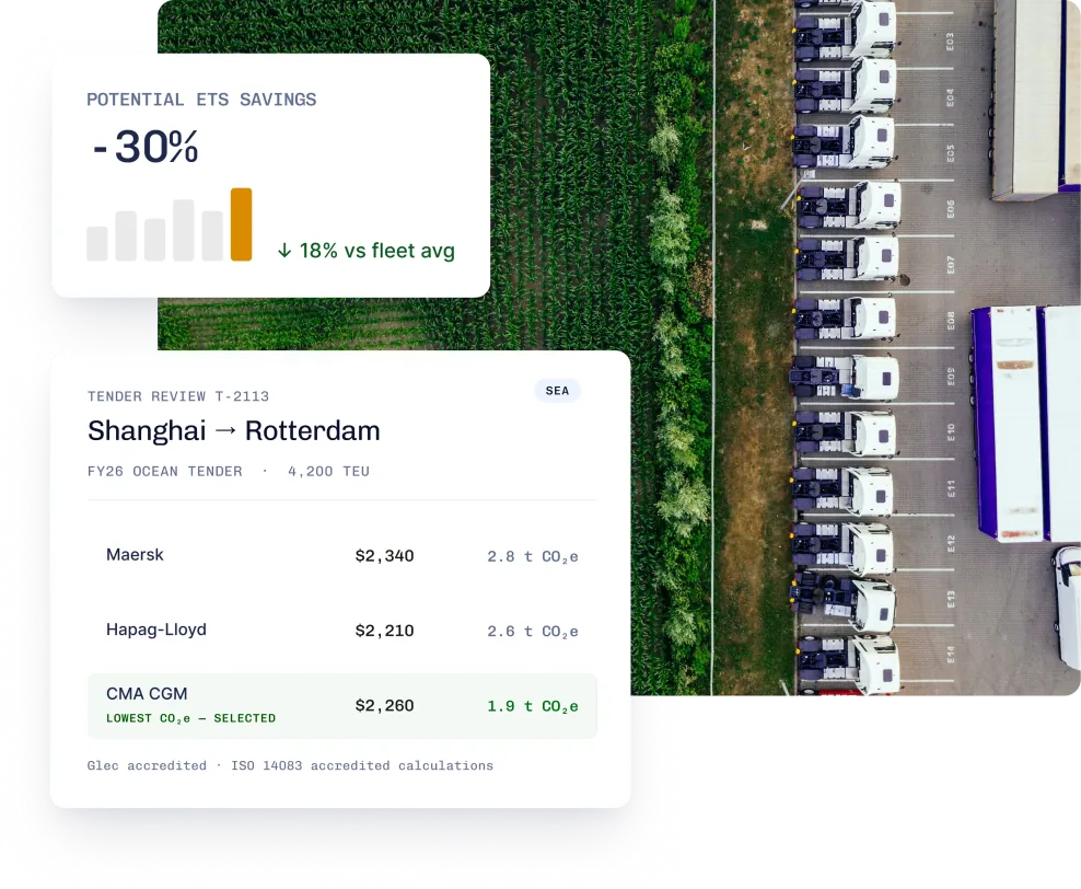 Carrier tender comparison and ETS-savings dashboard over an aerial of freight trucks