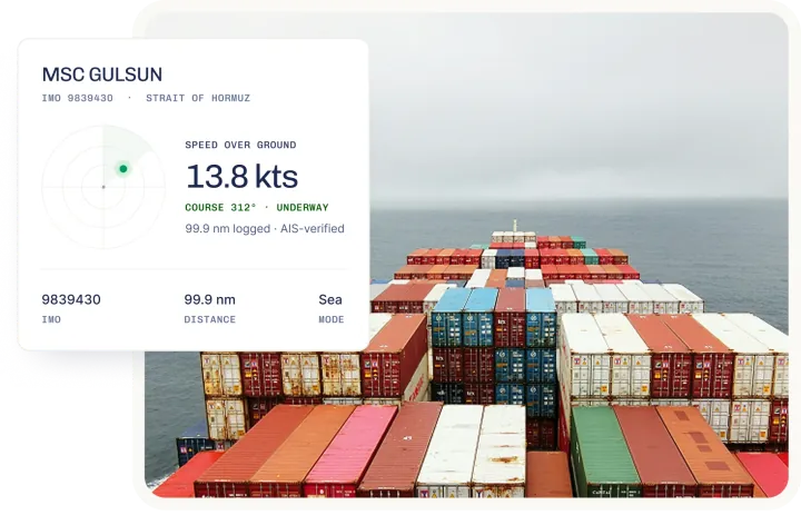 Live AIS radar card for the MSC GULSUN over a deck view of a loaded container ship