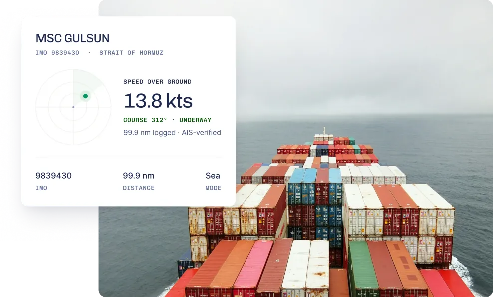 Live AIS radar card for the MSC GULSUN over a deck view of a loaded container ship