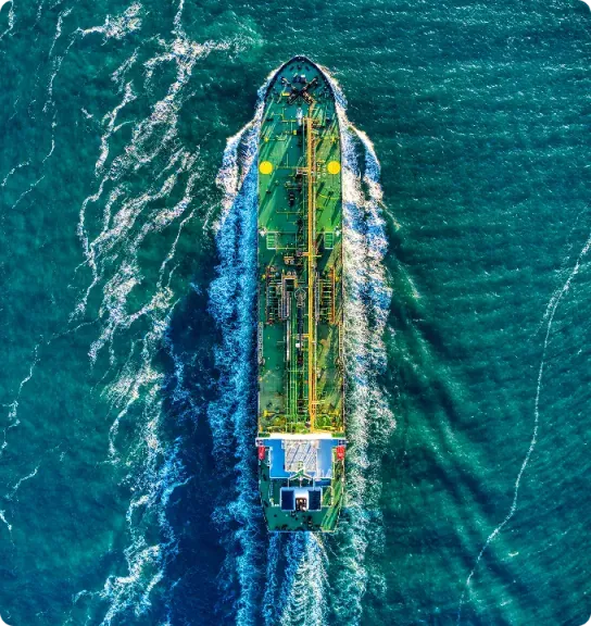 Aerial view of a tanker underway on open water