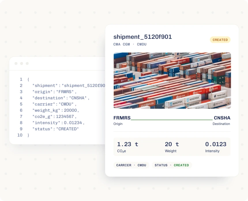 API request beside a shipment-level CO₂e result card