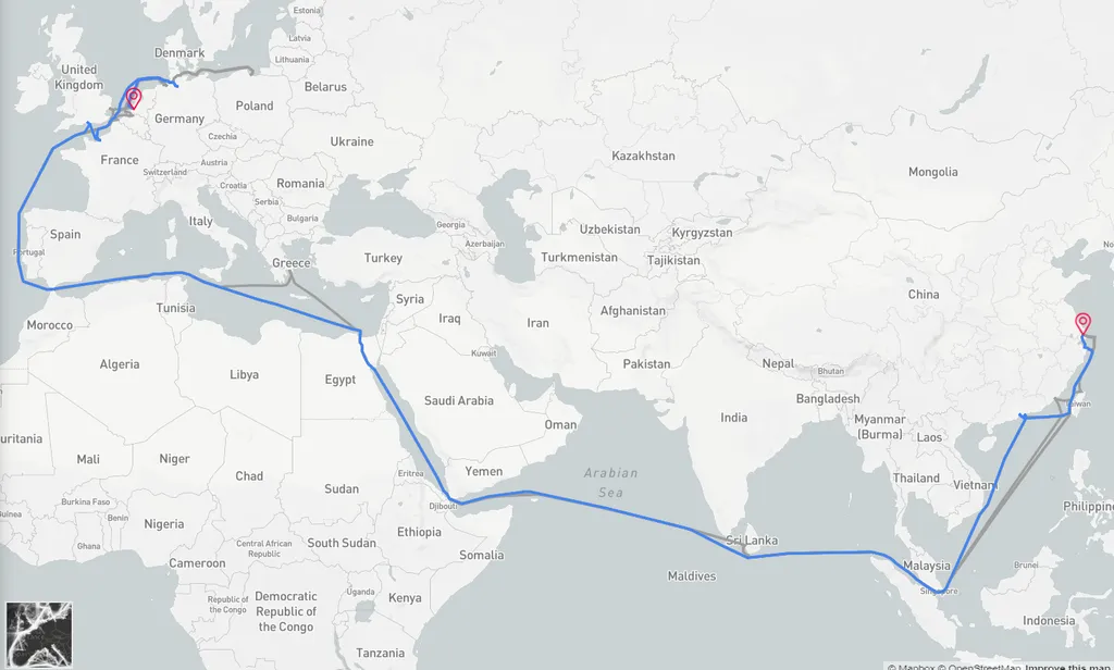 Map of a container shipping route from East Asia to Northern Europe via the Suez Canal