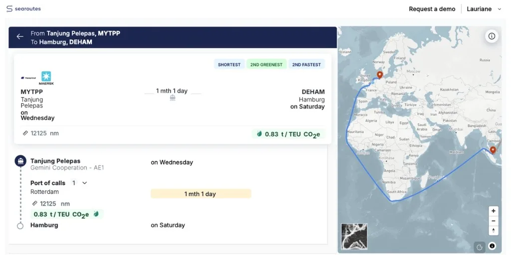 Searoutes Ocean Distance Planner: Gemini AE1 route, EU ETS applicable distance