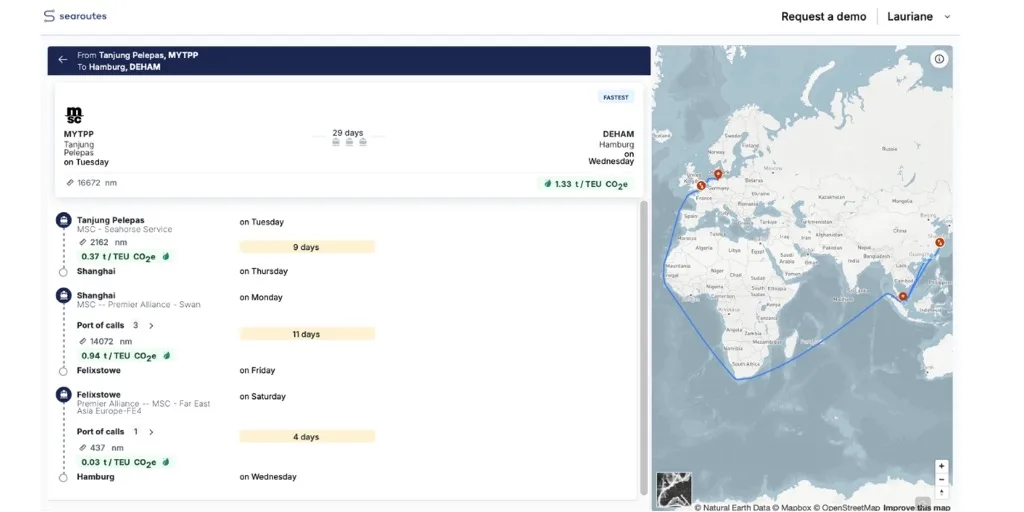 Searoutes Ocean Distance Planner: MSC/Premier FE route, EU ETS applicable distance