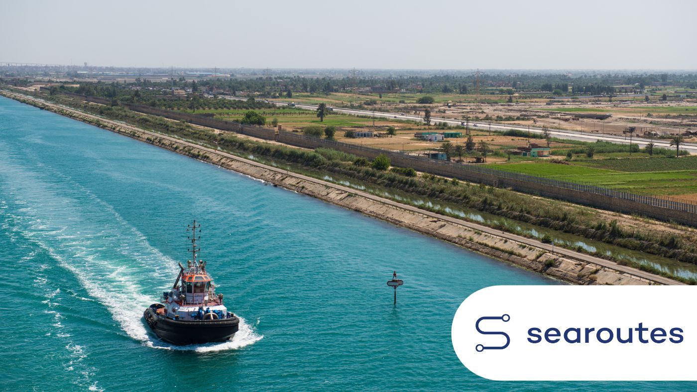 Container ship transiting the Suez Canal, illustrating the potential emissions benefits of the Red Sea reopening for global shipping.