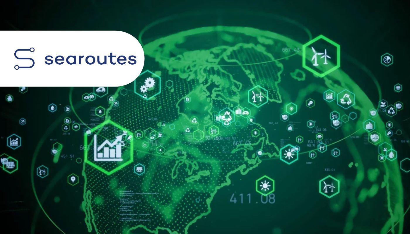 Sustainable freight forwarder green logistics with cargo containers and carbon emission reduction symbols